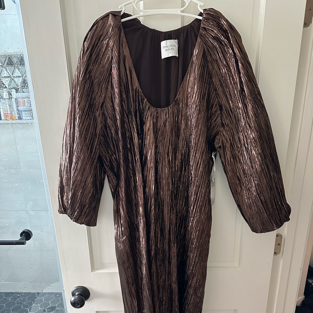 Bronze Metallic Plisse Midi Dress